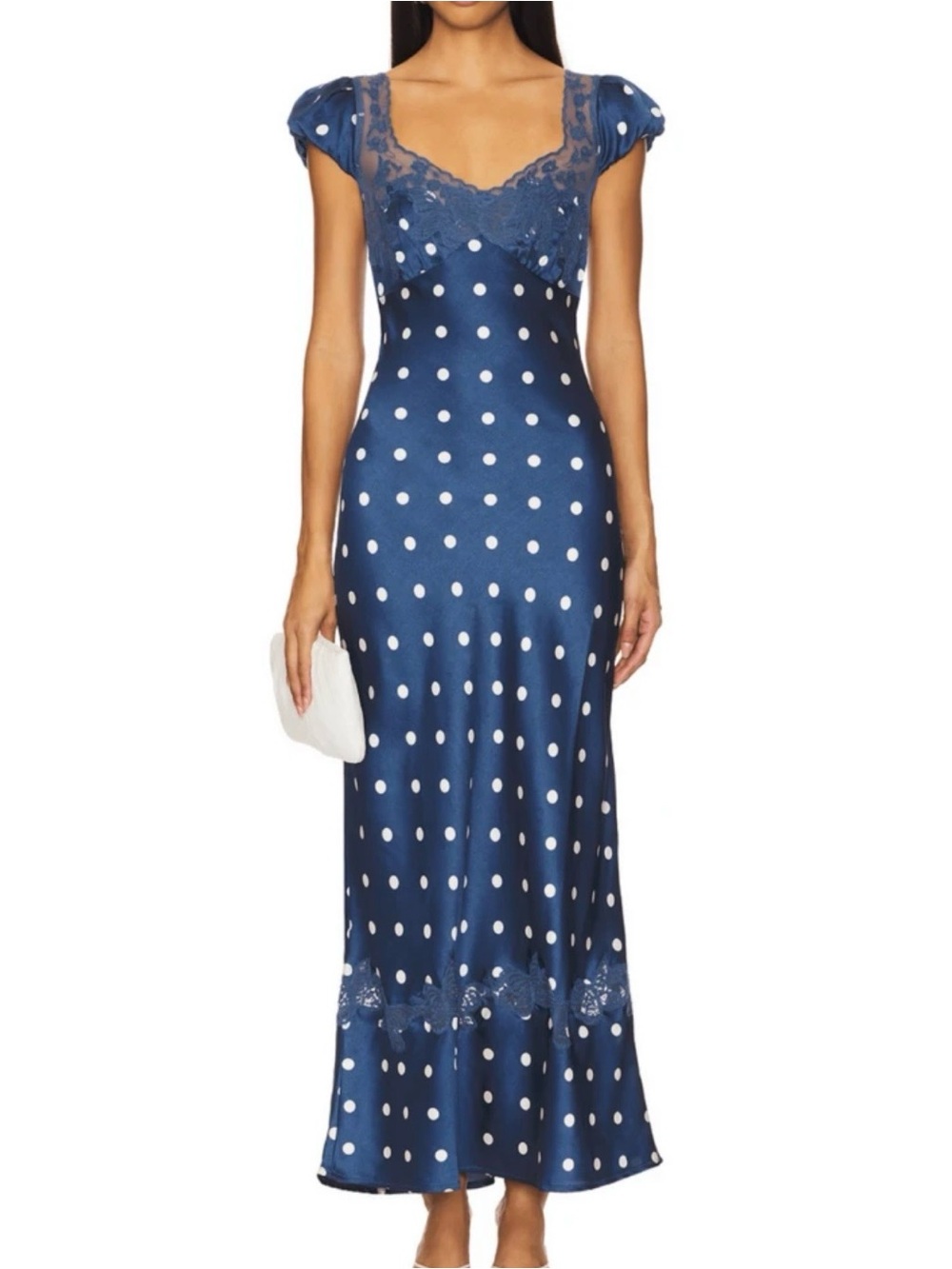Navy Polka Dot Lace-Trim Maxi Dress